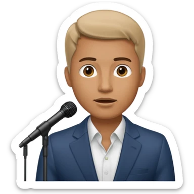 A man speaks into a microphone, and there is a prompter screen in front of him. sticker