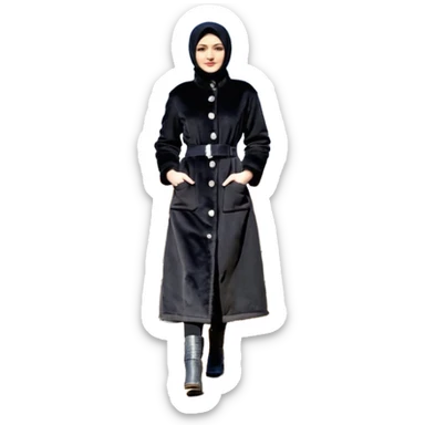 Siyah uzun saçlı siyah ceket  polar ceket ceket gevşek biraz omzundan çıkıyormuş gibi ve bugday ten rengi soltaraftaki omzundan çıkık sadece içinde de siyah crop var crop açık esmer esmer sticker