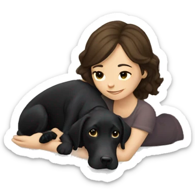 girl with short brown hair laying with a black lab sticker