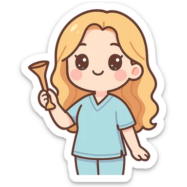 A kawaii style girl with appearance and clothing as in the reference, holding an obstetric stethoscope in one hand, the other hand down, posed in three quarters. Detailed shadows and highlights, thin clean contours, soft rounded shapes, pastel palette #98B5BC, #B5B3C1, #C9A3C9, #E4C0CA, #F7DCD1, #F7C0AA, soft lighting, transparent background, no decorative elements. sticker