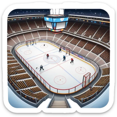 Please, make An icon featuring The background shows a packed stadium with cheering fans, bright arena lights, and an icy rink and close-up shots of key hockey equipment: a hockey stick, puck, and skates. Transparent background highlights the essentials of the game and the thrill of the sport. sticker