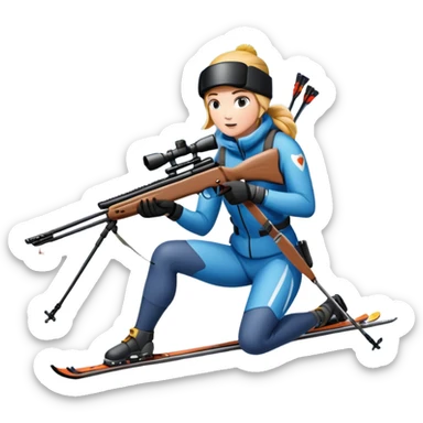 An icon showing a snowy landscape with pine trees, mountains, and a clear sky with a biathlete aiming a rifle in the foreground, wearing winter gear and skis. Transparent background emphasizes the precision, endurance, and beauty of this winter sport. sticker