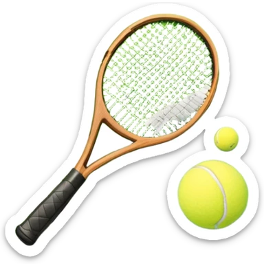 A tennis racket and ball placed on the grass court, with the lines of the court clearly visible in the background. The scene captures the essence of the sport, highlighting the equipment and the vibrant, open atmosphere of a tennis match sticker