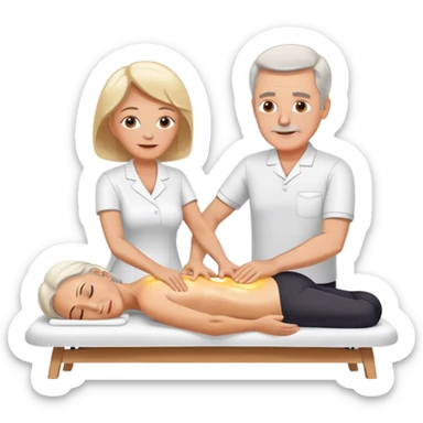 60-year-old white man massaging 60-year-old woman on massage table using oil sticker