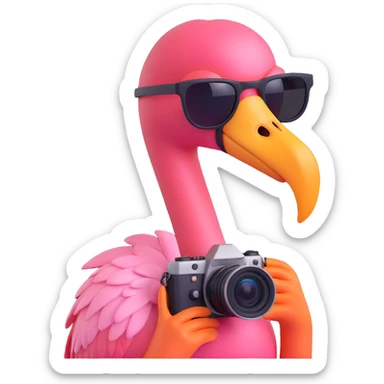 flamingo with sunglasses with a camera around its neck sticker