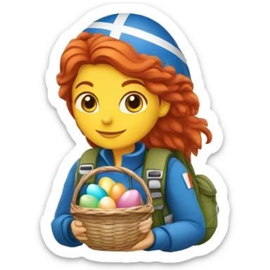 Female mountain climber red hair with Greek flag and holding Easter eggs basket sticker