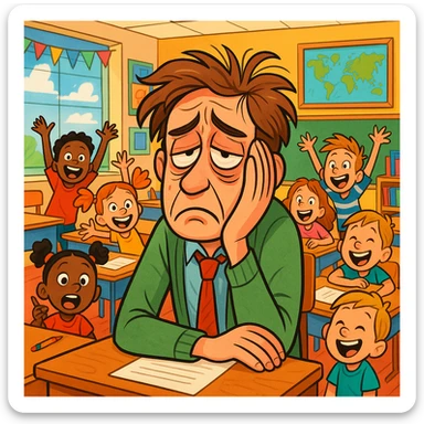 digital cartoon art of a exhausted teacher in a bustling classroom sticker