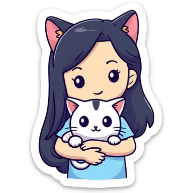 beautiful girl with long black hair holding a hairless cat sticker