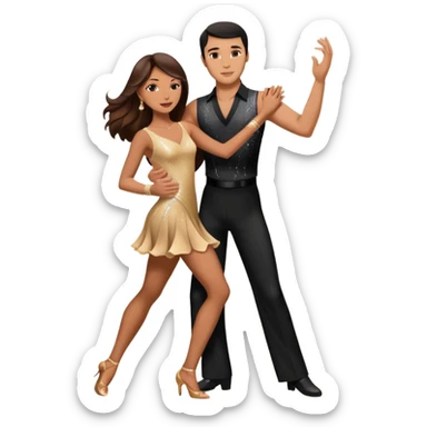 Photorealistic dancesport professional latin couple dancing the rumba at the competition dancefloor, the women is in skinny sparkly dress, the women has brown very long hair, the man has short black hair, the man hold woman's hand by his one hand and his second hand is on the women's waist  sticker