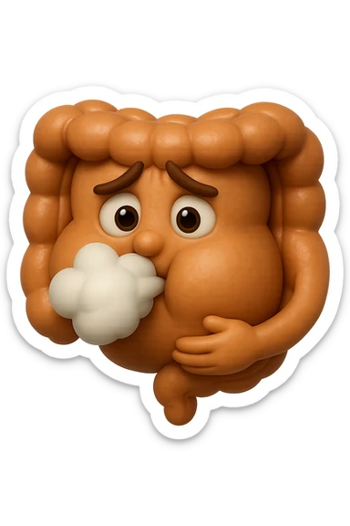 emoji stile iphone di un intestino che ingoia una nuvoletta di aria ben visibile e gli si gonfia la pancia, iperrealistico 4k sticker