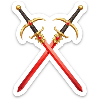 Two crossed swords that are golden in blade and handle and have fiery and royal appearence to them as well as red gem stones sticker