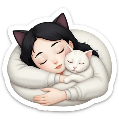 a black hair sleep hugs one white jinjila cat,the cat’s eyes are open sticker