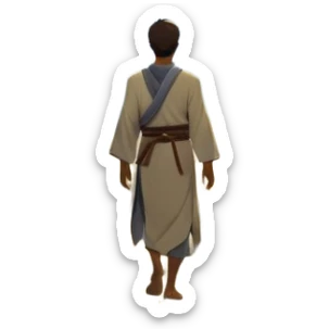 A man walks a winding path from a dark, foggy landscape filled with shadows toward a glowing mountaintop. A light grows in his chest as he follows his intuition. Along the way, he passes symbols of ambition and emptiness, until he reaches a golden tree under a starry sky, and ready to uplift others. sticker