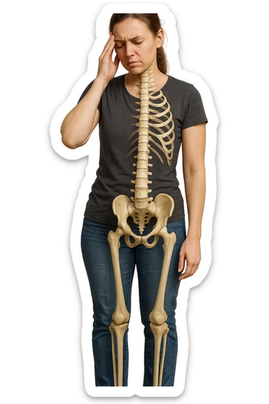 donna stanca a figura intera che si tiene una mano sulla tempia con spina dorsale anatomica visibile, iperrealistico 4k sticker