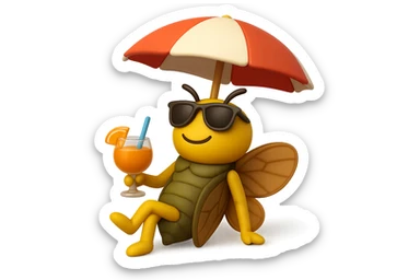 EMOJI STILE IPHONE 3D DI UNA CICALA CHE STA RILASSATA SEDUTA SOTTO L'OMBRELLONE CON UN COCKTAIL IN MANO sticker