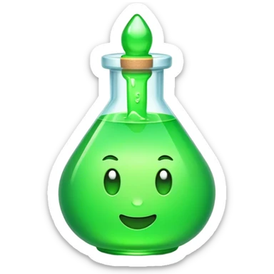 Clash of Clans aesthetic: Cinematic Playful Pixel 3D green health Potion Emoji, rendered in a 3D vector-style similar to standard emojis with minimal shading and bold, simplified shapes. A compact, distinct form with signature details, softly glowing with a pixelated adventure charm. Simplified yet unmistakably iconic, highly detailed and consistent, glowing with a soft radiance and high shine. Stylized with a touch of classic pixel-art charm and a soft glowing outline, capturing the essence of a beloved gaming relic with a friendly, playful manner! sticker