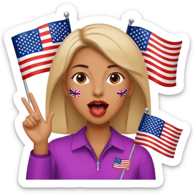 a woman is talking and the English and American flags are coming out sticker