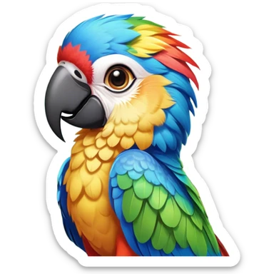 Cinematic Cute Macaw Portrait Emoji, Head tilted playfully and inquisitively, with a dazzling array of colorful plumage and round, sparkling eyes filled with charm, Simplified yet irresistibly adorable features, highly detailed, glowing with a warm, friendly tropical glow, high shine, affectionate and lively, stylized with a touch of whimsical vibrancy, bright and endearing, soft glowing outline, capturing the essence of a mischievous yet loving parrot that seems as if it could flutter out of the screen into your arms! sticker