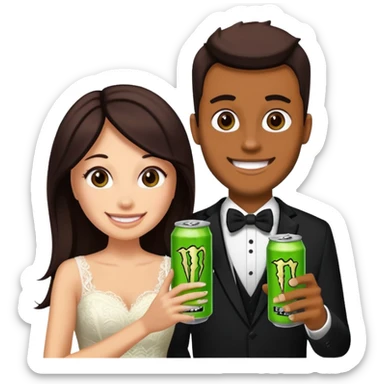 husband and wife at wedding holding monster energy drinks sticker