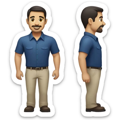  emoji of a man with short dark hair, clean-shaven, goatee and mustache.  wearing a formal button-up dark blue shirt,  smiling  with a smartwatch on his wrist.  resemble professional attire. smaller eyes  sticker