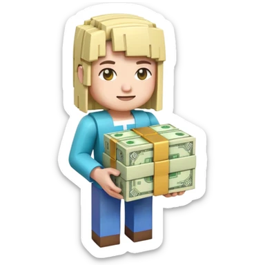 emoji style icon, minecraft blocky character holding a stack of money, pixel art style, bright colors, simple background, 3D glossy emoji, centered composition, soft shadow, high detail, clean outline, white background sticker