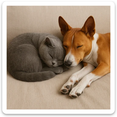 A gray British Shorthair cat curled up and sleeping next to a red Basenji dog sticker