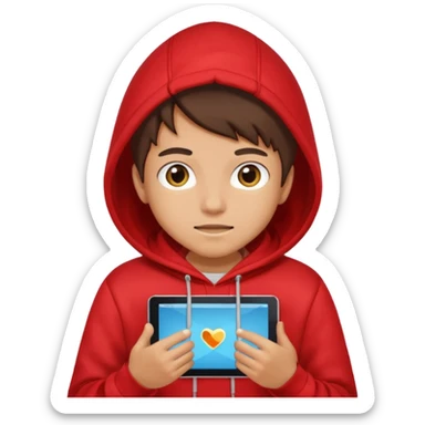 Teen gaming on tablet, red hoodie sticker