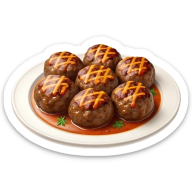 Cinematic Realistic Kofte Dish Emoji, depicted as seasoned, grilled meatballs with a charred exterior rendered with lifelike textures and robust, appetizing lighting. sticker