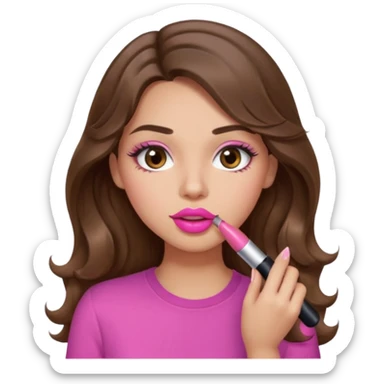 girl with long wavy brown hair, brown eyes, light to medium complexion, in a pink shirt, pink lips, long lashes, puckered lips, putting on lipstick sticker