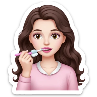 A white barbir girl with makeup with long dark brown wavy hair in pale pink clothes brushes her teeth sticker