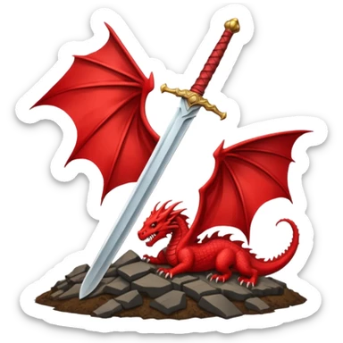 epic emoji in WhatsApp style sword like Guts' from Berserk embedded in the ground with a red banner with dragon head behind symbolizing Slay the dragon clean bold transparent background sticker