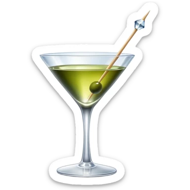 martini glass with crystal clear transparent liquid and an olive at the bottom skewered by a toothpick sticker