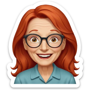 obese; older 50's ; long red hair ; women hazel eyes; glasses ; laughing sticker
