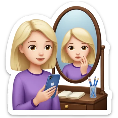 Girl sitting at vanity taking out picture with iphone 15 plus in the mirror and study materials on the vanity sticker