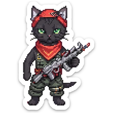 a little black cat with two machineguns and a red bandana, he's just blasting!
 sticker
