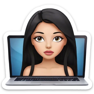Glamours, tanned, very beautiful girl, with big pump peach-beige-rose lips, eyeliner, long long lashes, black straight smooth silky long hair, straight parting hair, blue-grey eyes with macbook sticker