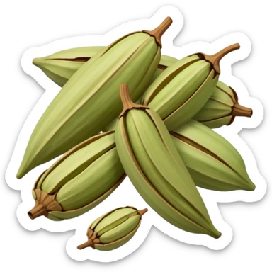 small scatter of whole cardamom pods, oval ridged shape, pale green to light brown hues, slightly wrinkled dry surface, visible seams and pointed ends, aromatic spice seeds inside, apple emoji style, soft lighting, subtle shadows, transparent background, emoji scale sticker