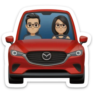 Camioneta roja mazda, con un copiloto hombre de pelo corto negro y lentes, y una con una mujer en el volante de pelo negro y lentes sticker