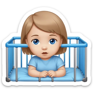 Blue-eyed baby girl with short light brown hair in playpen  sticker