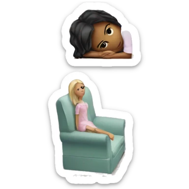 A broken-down dollhouse with a doll sitting inside,  sticker