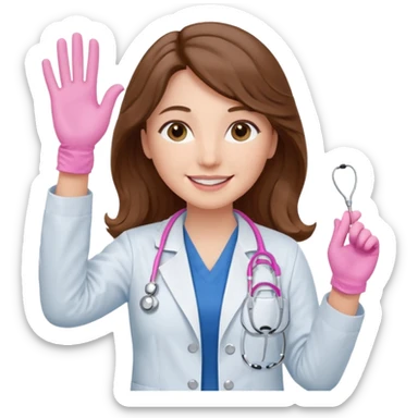 Barbie like emoji of a white woman with brown eyes and long wavy brown hair wearing blue scrubs, white lab coat, pink stethoscope, and raising one hand and a warm smile sticker