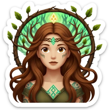 idea moment forest woman long wavy brown hair tattoos glowing rune above head sticker
