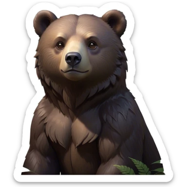 Cinematic Noble bear cub Portrait Emoji, Poised and regal, with a large, imposing build and a thick, well-groomed rich dark brown fur, deep-set soulful eyes, Simplified yet sharp and sophisticated features, highly detailed, glowing with a soft, dignified glow, high shine, intelligent and formidable, stylized with an air of wild majesty, focused and attentive, soft glowing outline, capturing the essence of a watchful and commanding guardian, so majestic it feels as though it could lumber out of the screen with effortless authority! sticker