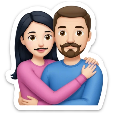 Tall white man with brown mustache goatee wearing blue AND a short pale woman with long black hair wearing pink, hugging sticker