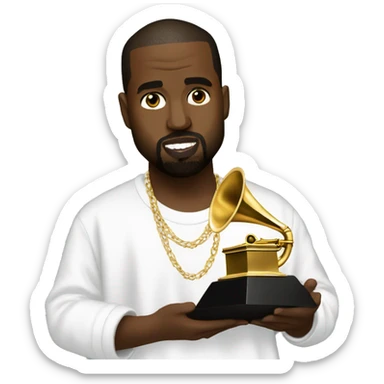 Kanye West holding a Grammy sticker