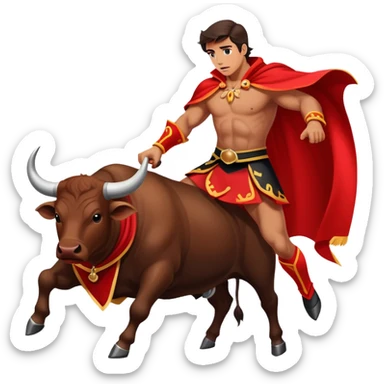 matador with red cape facing a charging bull sticker