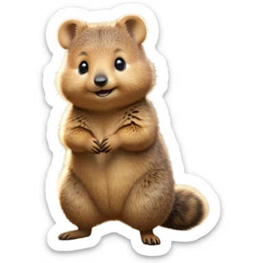 cinematic-quokka-realistic-full-body-standing-emoji,-small-round-frame-balanced-on-tiny-strong-hind-legs,-fluffy-brown-fur-radiating-a-warm-softness,-big-round-eyes-filled-with-joy-and-innocence,-tiny-clawed-paws-held-close-to-chest,-cheerful-smile-exuding-endearing-happiness,-simplified-yet-realistic-focused-features,-highly-detailed,-glowing-with-a-sunny-warmth sticker