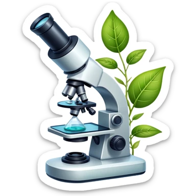 An icon featuring a microscope, a DNA strand, and plant leaves, symbolizing biology. The design includes cells, a test tube with a plant sample, representing life sciences, ecosystems, and the study of organisms. Transparent background highlights the exploration of living systems. sticker