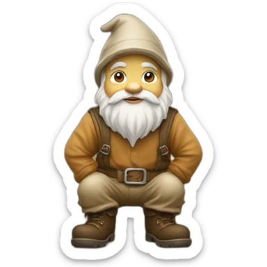 side view of gnome with light tan pants and boots squatting above small brown mud sticker