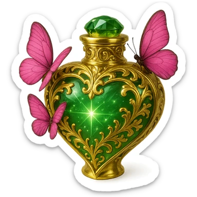 Create a one-to-one heart-shaped bottle as in the example, with the main color green and gold details. Inside, depict a bright, luxurious, stylized crystal effect (not realistic) with more sparkle and glow. Keep the pink butterflies as shown. Illustration style with no background. sticker